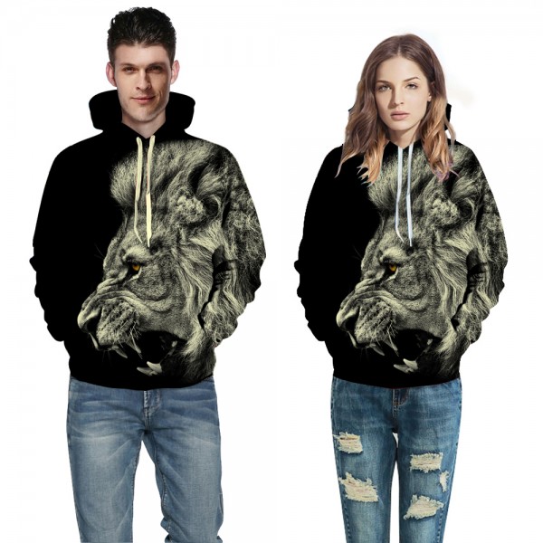 Black Angry Lion Face 3D Print Hooded Sweatshirt