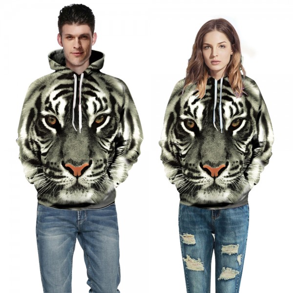 Grey Tiger Face 3D Hoodie Pullover Sweatshirt