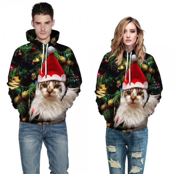3D Hooded Print Sweatshirt Christmas Cat