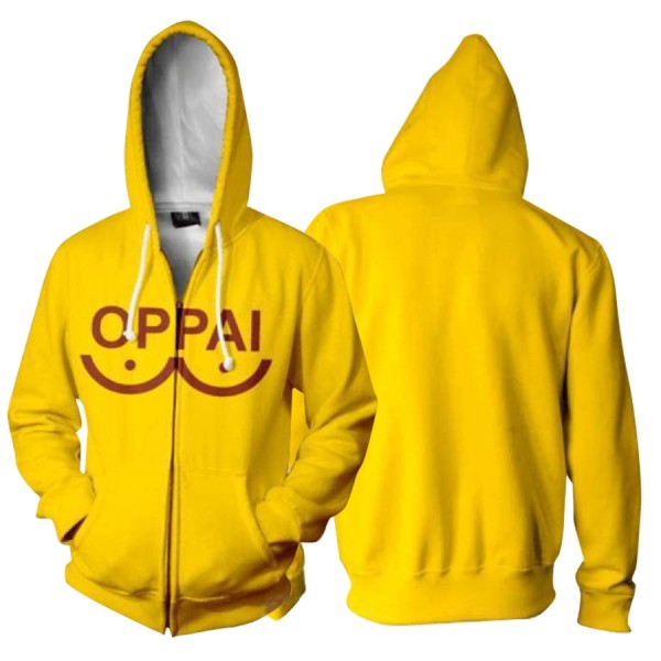 One Punch Man Hoodies - Saitama Oppai Yellow 3D Zip Up Hoodie Jacket Cosplay Costume